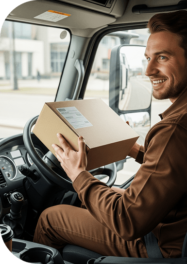 Smiling delivery driver in truck cab holding packages
